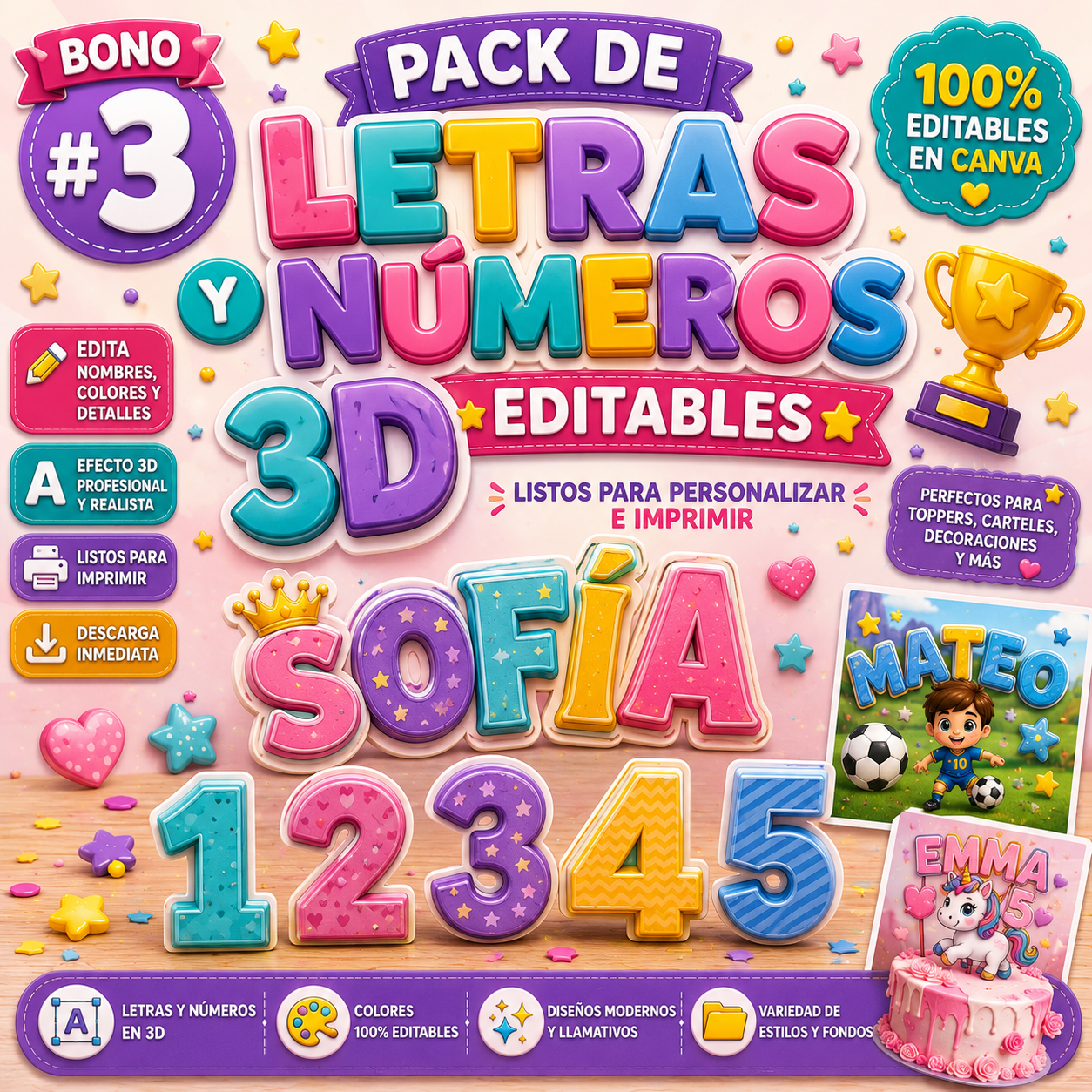 Pack de Letras y Números 3D Editables 🏆